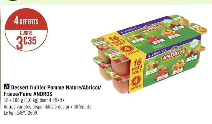 desserts fruitier pomme nature/abricot/fraise/poire ANDROS