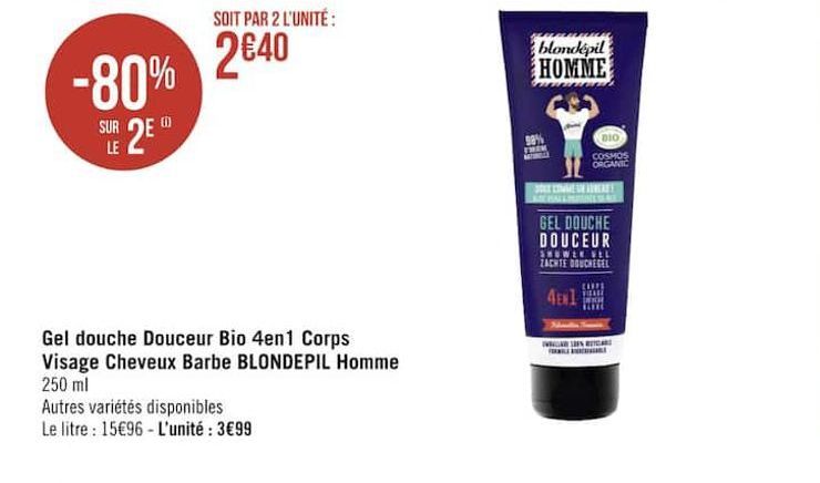 gel douche Douceur Bio 4 en 1 Corps Visage Cheveux Barbe BLONDEPIL Homme