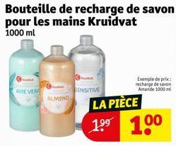 ARE VER  Bouteille de recharge de savon pour les mains Kruidvat 1000 ml  ALMOND  SENSITIVE  Exemple de prix: recharge de savon Amande 1000 ml  LA PIÈCE 1⁹⁹ 100 