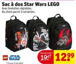 lego star wars  sac à dos star wars lego  avec bretelles réglables.  au choix parmi 3 variantes.  prix ailleurs  1957 12⁹⁹ 