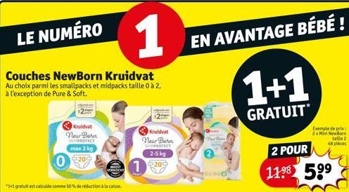 LE NUMÉRO  1  Couches NewBorn Kruidvat Au choix parmi les smallpacks et midpacks taille 0 à 2, à l'exception de Pure & Soft.  Kruidvat New Born  STPROTECT  max 3 kg 2209  Kruidvat New Born SONOTECT  2