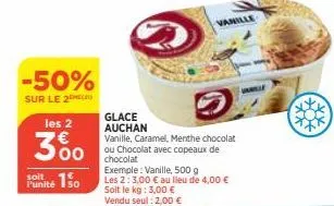 -50%  sur le 2  les 2  300  soit  punité 150  glace auchan  vanille, caramel, menthe chocolat ou chocolat avec copeaux de chocolat exemple: vanille, 500 g les 2: 3,00 € au lieu de 4,00 € soit le kg: 3