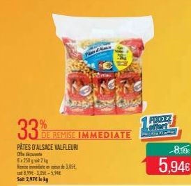 33%  PATES D'ALSACE VALFLEURI  Offedte  82502  Femise immediate cose de 3,05, 30t 8,99-3,05E-5,90 Soit 2,97 le kg  Fase Alan  DE REMISE IMMEDIATE  1FWEEZ  Mart  8,99  5,94