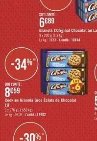 -34%  lu  6x276 g (1 656 kg)  le kg: 519-l'unité: 1302  soit l'unite:  859  cookies granola gros éclats de chocolat  granola  granola  grandla