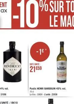 hendricks gine  -1"  soit l'unite:  2159  pastis henri bardouin 45% vol. 70 cl  le tre 30684-l'unité: 2259  henri bardoon  pastis