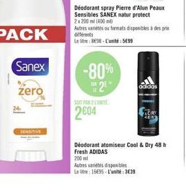 Sanex  zero  24  SENSITIVE  Déodorant spray Pierre d'Alun Peaux Sensibles SANEX natur protect 2x 200 ml (400ml)  Autres varietés ou formats disponibles à des prix différents Le litre: 8698-L'unité: 56
