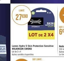 L'UNITE  2790  WILKINSON  HYDRO S  SKIN  LOT DE 2 X4  Lames Hydro 5 Skin Protection Sensitive WILKINSON SWORD Lot de 2 x 4  Autres variétés disponibles