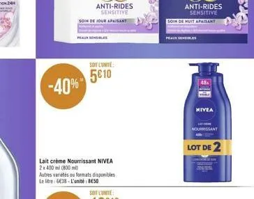 soin de jour apaisant  peaur sensibles  -40%  soit l'unité  5610  peaux  48  nivea  nouissant  lot de 2