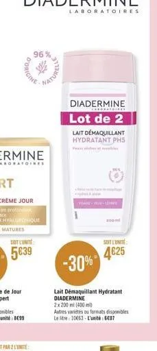 d'origine  96%  soit l'unité  5639  laboratoires  diadermine  lot de 2  lait démaquillant hydratant phs  visase-lev  soit l'unité  4625  -30%"  lait démaquillant hydratant diadermine  2x 200 ml (400ml