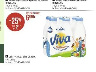-25% e 2€  soit par 2 l'unité:  6065  a lait 1% m.g. viva candia 6x11 (61)  le litre: 1627-l'unité 7460  10  calcium  3 x 20 cl (60)  le litre: 3648-l'unité: 2009  candia  viva  vitamines  fa  vitamin