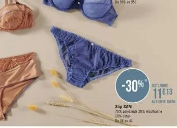 -30%"  soit l'unité  1113  au lieu de 15490  slip sam  70% polyamide 20% élasthanne 10% coton  du 38 a 44