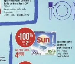 spray nettoyant cuisine & salle de bain 5en1 cif 750 ml  autres varietes ou formats disponibles  le litre: 3667-l'unité:275  -100%  2?0 soit par 2 lunite: 100%  490  efficace  sun  natur  tablettes