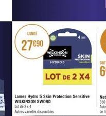 L'UNITE  27890  WILKINSON  HYDRO S  SKIN  LOT DE 2 X4  Lames Hydro 5 Skin Protection Sensitive WILKINSON SWORD Lot de 2 x 4  Autres variétés disponibles