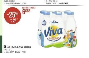 -25% e 2  soit par 2 l'unité:  6065  a lait 1% m.g. viva candia 6x11 (61)  le litre: 1627-l'unité 7460  10  calcium  3 x 20 cl (60)  le litre: 3648-l'unité: 2009  candia  viva  vitamines  fa  vitamin