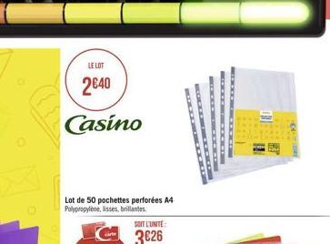 LE LOT  240  Casino  Lot de 50 pochettes perforées A4 Polypropylene, lisses, brillantes.  BOCKOBO