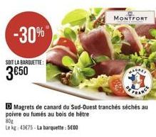 -30%  SOIT LA BARQUETTE:  3€50  80g Le kg 43€75-La barquette: 5000  D Magrets de canard du Sud-Ouest tranchés séchés au poivre ou fumés au bois de hêtre  MONTFORT 