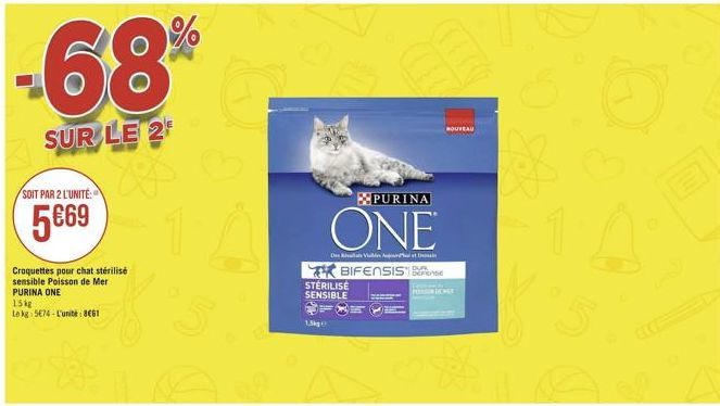 -68%  SUR LE 2  SOIT PAR 2 L'UNITÉ:  5€69  Croquettes pour chat stérilisé sensible Poisson de Mer PURINA ONE  15kg  te kg 574-L'unité: 861  5  1,3kg  DRVA  STERILISE SENSIBLE  BIFENSIS  PURINA  ONE  D