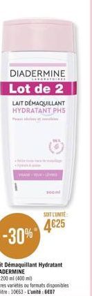 DIADERMINE Lot de 2  LAIT DÉMAQUILLANT HYDRATANT PH5  300 ml  SOIT L'UNITÉ  4625 