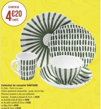 a partir de  4€20  l'unité  collection de vaisselle santiago  en grès-peint à la main  coloris également disponibles: jaune, noir et bleu  plusieurs produits à des prix différents  exemple: assiette à