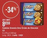 -34%  SOIT L'UNITE:  8€59  Cookies Granola Gros Eclats de Chocolat  LU  6x276 g (1.656 kg)  Le kg 519-L'unité: 13602  Granola  GRO P  Granola  Granola 