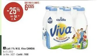 -25% 2€  soit par 2 l'unité:  6065  a lait 1% m.g. viva candia 6x11 (61)  le litre: 1627-l'unité 7460  10  calcium  candia  viva  vitamines  fa  vitamin 