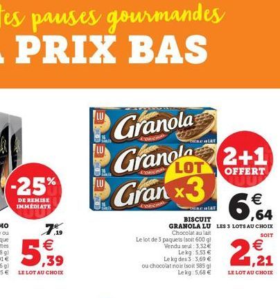 -25%  DE REMISE IMMEDIATE  7% €  5,939  Granola  Granola 2+1  LOT  OFFERT  Granx3  Sinds  PET  Le lot de 3 paquets (soit 600 g) Vendu seul: 3.32€ Lekg: 5.53 €  LAIT  € ,64  BISCUIT  GRANOLA LU LES 3 L