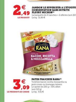 €  3,09  +30% OFFERT  2,99  La barquette de 4 tranches + 2 offertes (soit 210 g) LE PRODUIT Lekg: 11,86 €  Gul Re RANA  JAMBON LE SUPERIEUR A L'ETOUFFEE CONSERVATION SANS NITRITE  BACON, RICOTTA & MOZ