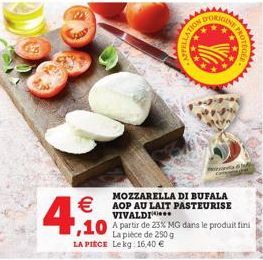 4  STELLAT  D'ORIGEN  STION  MOZZARELLA DI BUFALA  € AOP AU LAIT PASTEURISE  wwwww  VIVALDI  ,10 A partir de 25% MG dans le produit fini  de 250 g LA PIECE Le kg. 16,40 € 