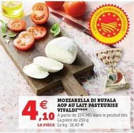 4  stellat  d'origen  stion  mozzarella di bufala  € aop au lait pasteurise  wwwww  vivaldi  ,10 a partir de 25% mg dans le produit fini  de 250 g la piece le kg. 16,40 € 