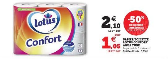 Lotus  Confort  DOUX  2,1,10  €  LE 1 LOT SOIT  €  1,05  -50%  DE REMISE IMMEDIATE SUR LE 2 LOT  1,05 AQUA TUBE  Le paquet de 6 rouleaux LE 2 LOT Soit les 2 lots: 3,15 €  PAPIER TOILETTE LOTUS CONFORT