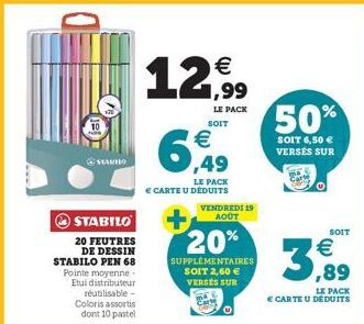 10  STAMHO  STABILO  20 FEUTRES DE DESSIN STABILO PEN 68 Pointe moyenne-Etui distributeur réutilisable - Coloris assortis dont 10 pastel  12.99  LE PACK SOIT  ,49  LE PACK € CARTE U DÉDUITS  €  VENDRE