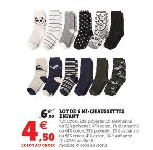 W  LOT DE 6 MI-CHAUSSETTES 6.90 ENFANT  71% coton, 28% polyester 1% elasthanne  € ou 52% polyester, 47% coton, 1% elasthanne  ou 64% coton, 35% polyester,1% élasthanne  ,50 ou 58% coton, 41% coton, 1%