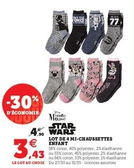 -30%  D'ÉCONOMIE  €  3,43  MAY THE FORCE  a  NE-515  Duy  MO conte STAR 4.%0 WARS  ,90  201  77  393  manus  LOT DE 4 MI-CHAUSSETTES ENFANT  58% coton, 40% polyester, 2% elasthanne  43 ou 53% coton, 4