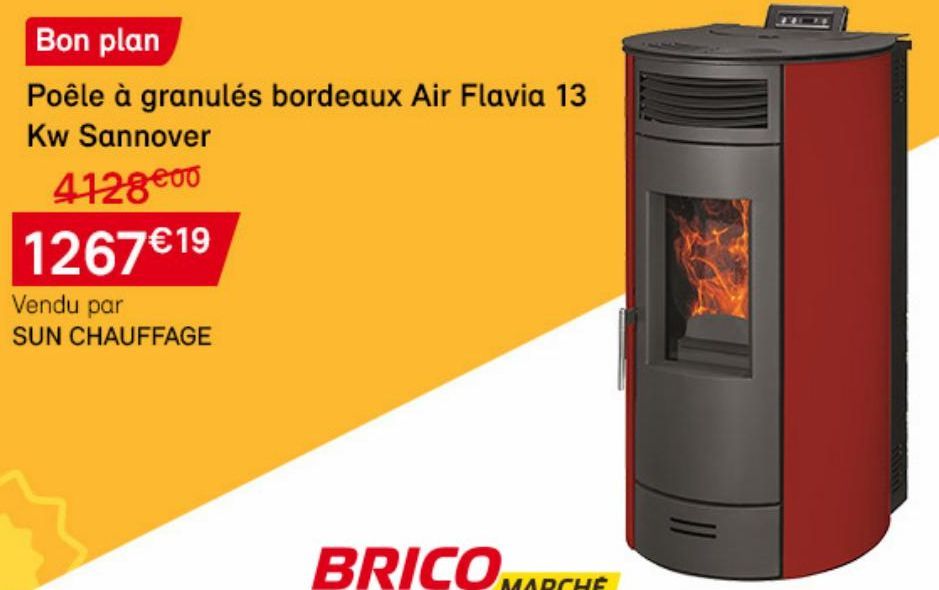 Bon plan  Poêle à granulés bordeaux Air Flavia 13 Kw Sannover  4128⁹00 1267€ 19  Vendu par SUN CHAUFFAGE 