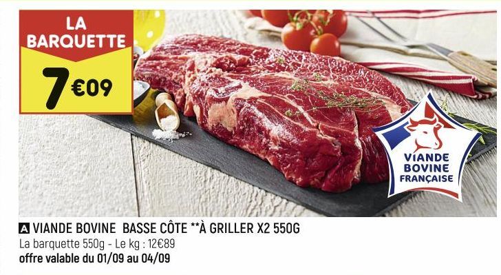 viande bovine basse côte à griller X2 550G