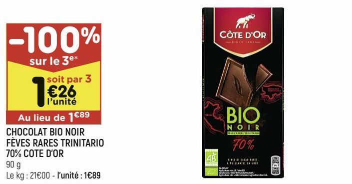 chocolat bio noir fèves rares trinitario 70% Côte d'or