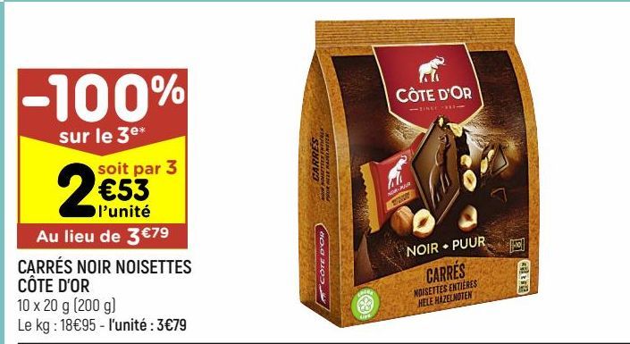 carrés noir noisettes Côte d'or