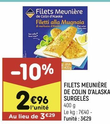 Filets meunière de colin d'alaska surgelés