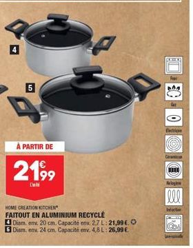 5  À PARTIR DE  2199  HOME CREATION KITCHEN FAITOUT EN ALUMINIUM RECYCLE  4 Diam. env. 20 cm. Capacité env. 2,7 L: 21,99 €. O 5 Diam. env. 24 cm. Capacité env. 4,8 L: 26,99 €  Fant  CO  Carac  MEEN  l