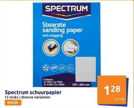 Stearate sanding paper anti-clogging  SPECTRUM  Spectrum schuurpapier  12 stuks | diverse varianten  Bekijk  8 pieces:  2x P80 12x P120 2x P240 12x P400  (3  230 x 280 mm  128  0.11/st 