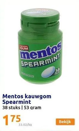 chewing  gum  biryard cree  mentos  spearmint  mentos kauwgom spearmint 38 stuks | 53 gram  175  33.02/ka  38  preces  bekijk 