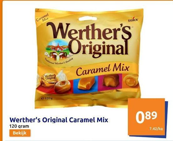 Caramel Mix  Werther's Original  Caramel Mix  Traditional  Werther's Quality  Werther's Original  e 120%  Werther's Original Caramel Mix  120 gram Bekijk  STORCK  089  7.42/ka  