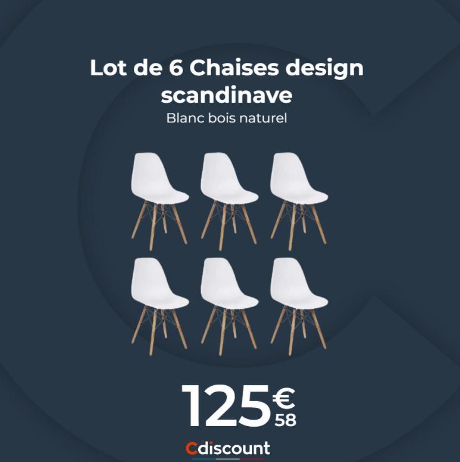 Lot de 6 Chaises design scandinave  Blanc bois naturel  /|\/|\/|\\  125€€  58  Cdiscount  