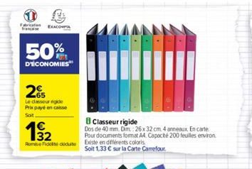 can EXACOMPA france  50%  D'ÉCONOMIES  2€  Le casseur gide Prix payé en caisse Soit  19/2  Rome Fiddode  B Classeur rigide  Dos de 40 mm. Dim.: 26x 32 cm 4 anneaux En carte  Pour documents format A4. 