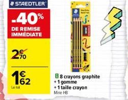 STAEDTLER  -40%  DE REMISE IMMÉDIATE  2%  1€  62  Le lot  88 crayons graphite  +1 gomme  + 1 taille crayon Mine HB 