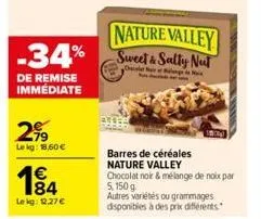 299  lekg: 18,60€  nature valley -34% sweet & salty nut  de remise immédiate  184  1€  le kg: 12,27 €  barres de céréales nature valley chocolat noir & mélange de noix par  5,150 g  autres variétés ou