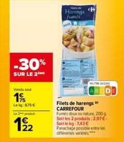 -30%  SUR LE 2  Vendu seul  19  Leig:875 €  Le 2 produ  12/2  Harengs funés  <H  Filets de harengs CARREFOUR  NUTI-SCORE  Fumés doux ou nature, 200 g Soit les 2 produits: 2.97€. Soit le kg:7,43 € Pana