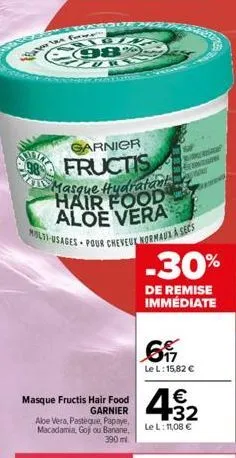 pion c982 zur  baker been fa  garnier  fructis masque hydratant hair food aloe vera molti-usages pour cheveux normaula secs -30%  de remise immédiate  masque fructis hair food garnier abe vera, pastèq