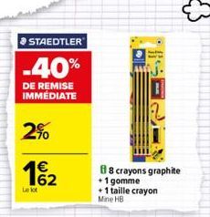 STAEDTLER  -40%  DE REMISE IMMEDIATE  2%  1€  Le lot  88 crayons graphite  +1 gomme + 1 taille crayon Mine HB 