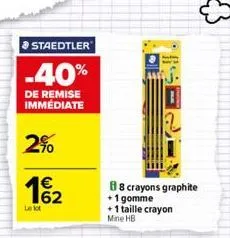 staedtler  -40%  de remise immediate  2%  1€  le lot  88 crayons graphite  +1 gomme + 1 taille crayon mine hb 
